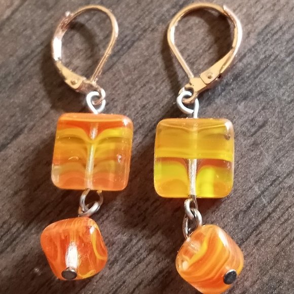 Orange Colorful Glass Bead Stone Dangle Earrings Handmade Jewelry #37 - Picture 6 of 9